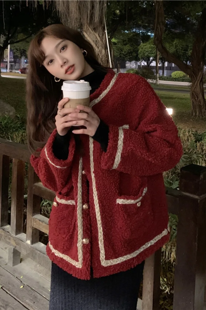 

Autumn And Winter Korean Version Of The Red Ladies Small Fragrance Lamb Wool Coat Women New French Loose All-match Blouse Women