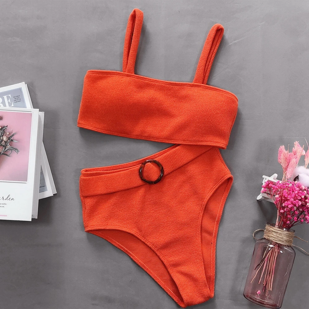 Трикотажное бикини 2020 сексуальное однотонное оранжевое/зеленое с высокой талией