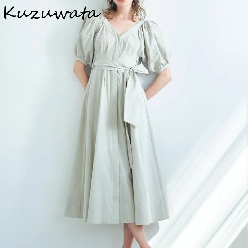 2021 Fresh Summer Women's Dress Japan Style Elegant Robe V Neck Puff Sleeve High Waist Drawstring Mid-Calf Vestidos