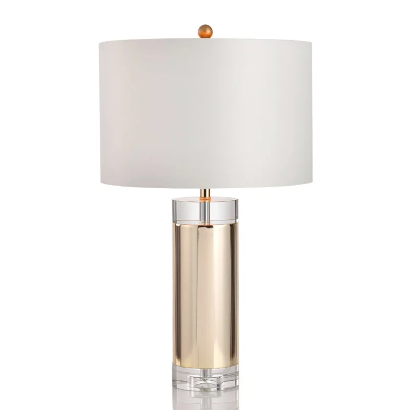 

Modern Cylindrical Crystal with Golden Plated Decoration Base White Cloth Shade E27 Bedroom Bedside Lamp EU / US Plug Optional