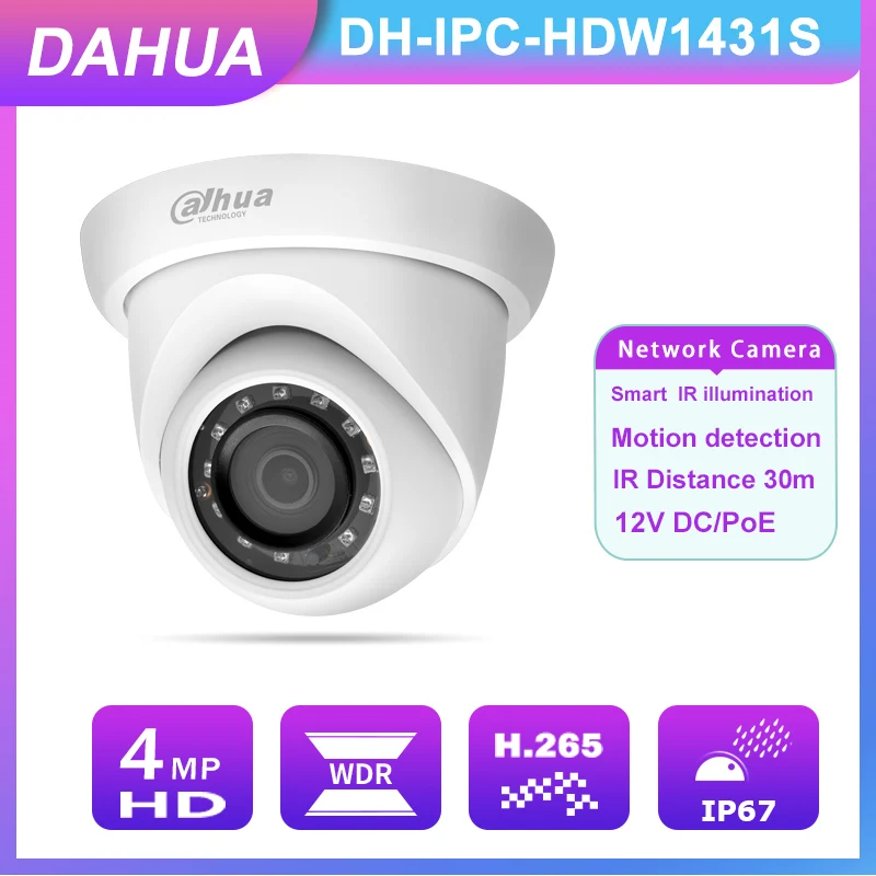 

Камера видеонаблюдения Dahua, 4 МП, IPC-HDW1431S WDR, ИК-светодиоды, длина 30 м, многосетевой мониторинг, H.265, IP67, PoE, IVS, IP-камера