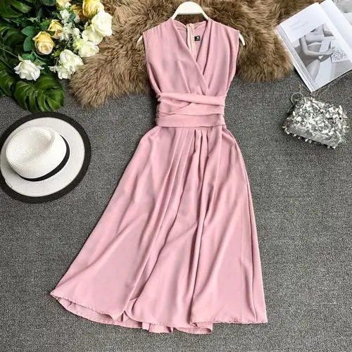 43690-pink Neploe Сексуальное Женское Платье Лето v-образный вырез без рукавов вечерние платья французский шик крест шнурок тонкая талия Vestidos 43690 - Цвет: 43690-pink