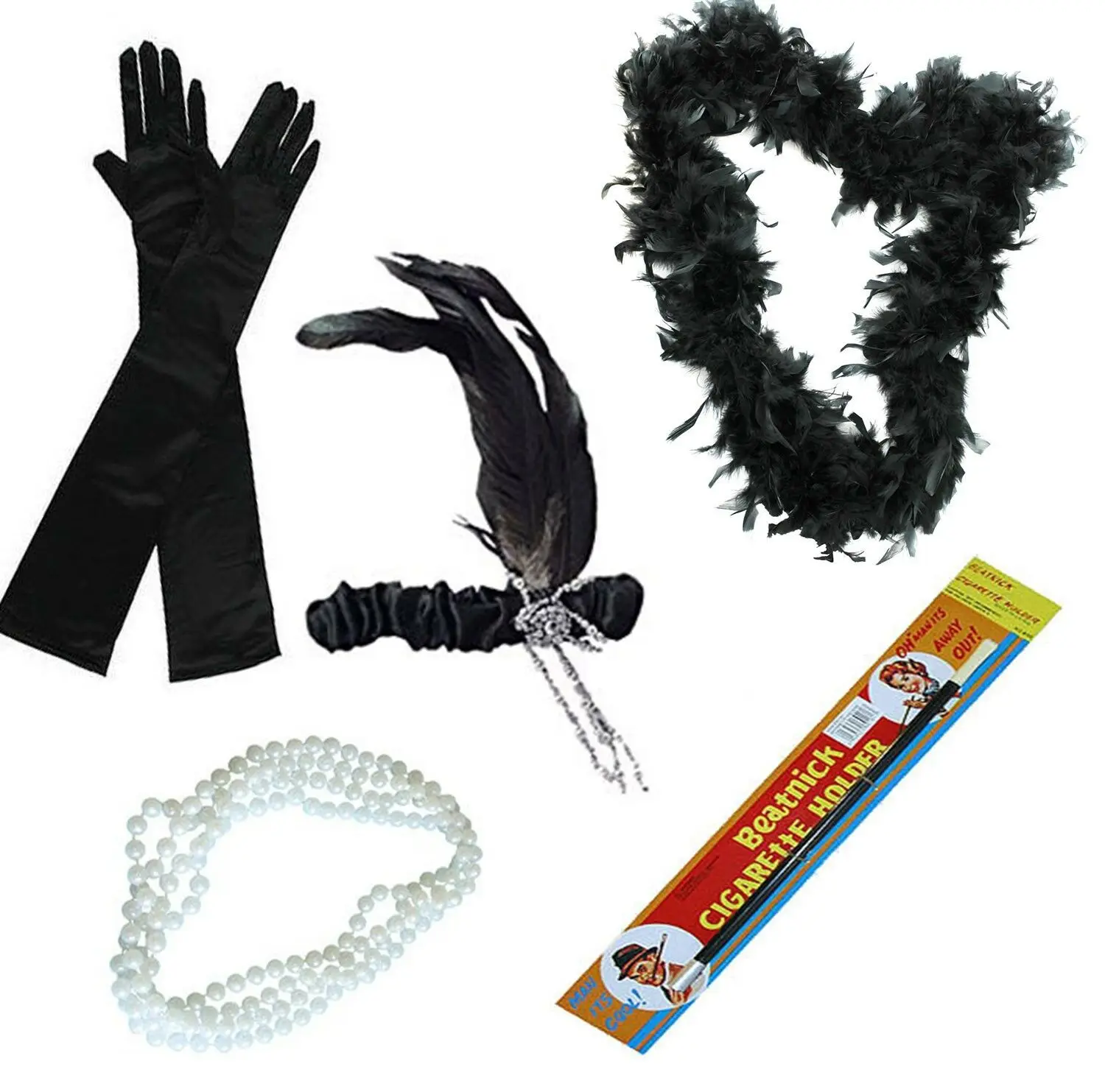 

The 1920S Gatsby Flapper girl Party chic five pieces gloves feather headpiece smoke rod The necklace wool top