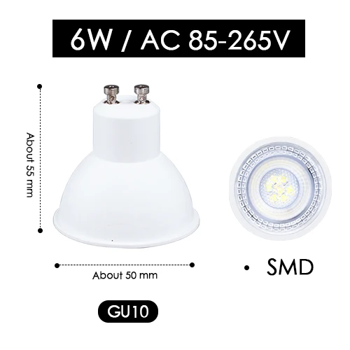 Светодиодный точечный светильник 6 Вт MR16 GU10 SMD 2835 lampara 12 в 110 В 220 В комнатный энергосберегающий настольный домашний декоративный Ампульный диодный светильник - Испускаемый цвет: GU10 6W SMD 85-265V