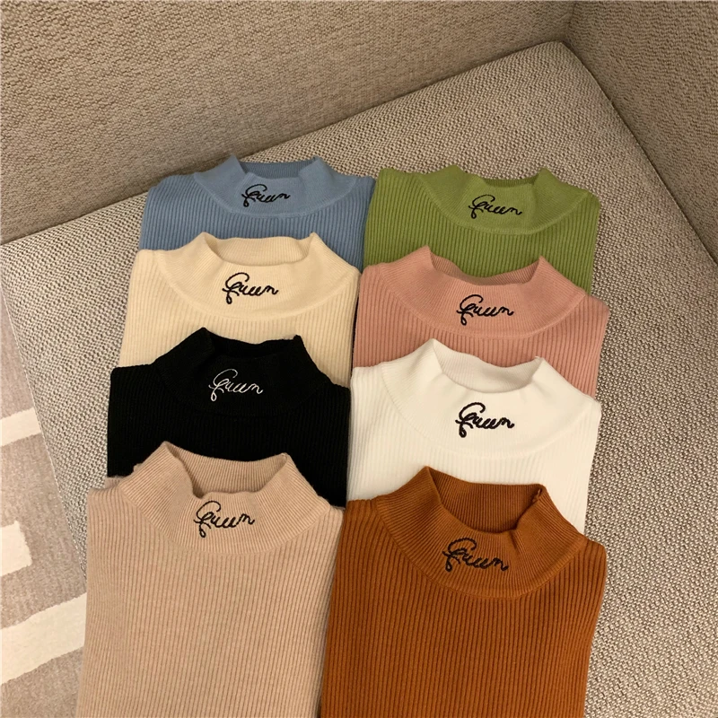 

Embroidery 2021 New-Coming Autumn Winter Tops Solid Pullovers Female Thick Turtleneck Knitted High Street Women Sweater fashion
