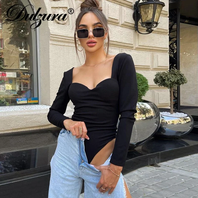 

Dulzura 2021 Autumn Winter Women Solid Long Sleeve Square Collar Bodysuit Elegant Skinny Sexy Streetwear Party Body Rompers