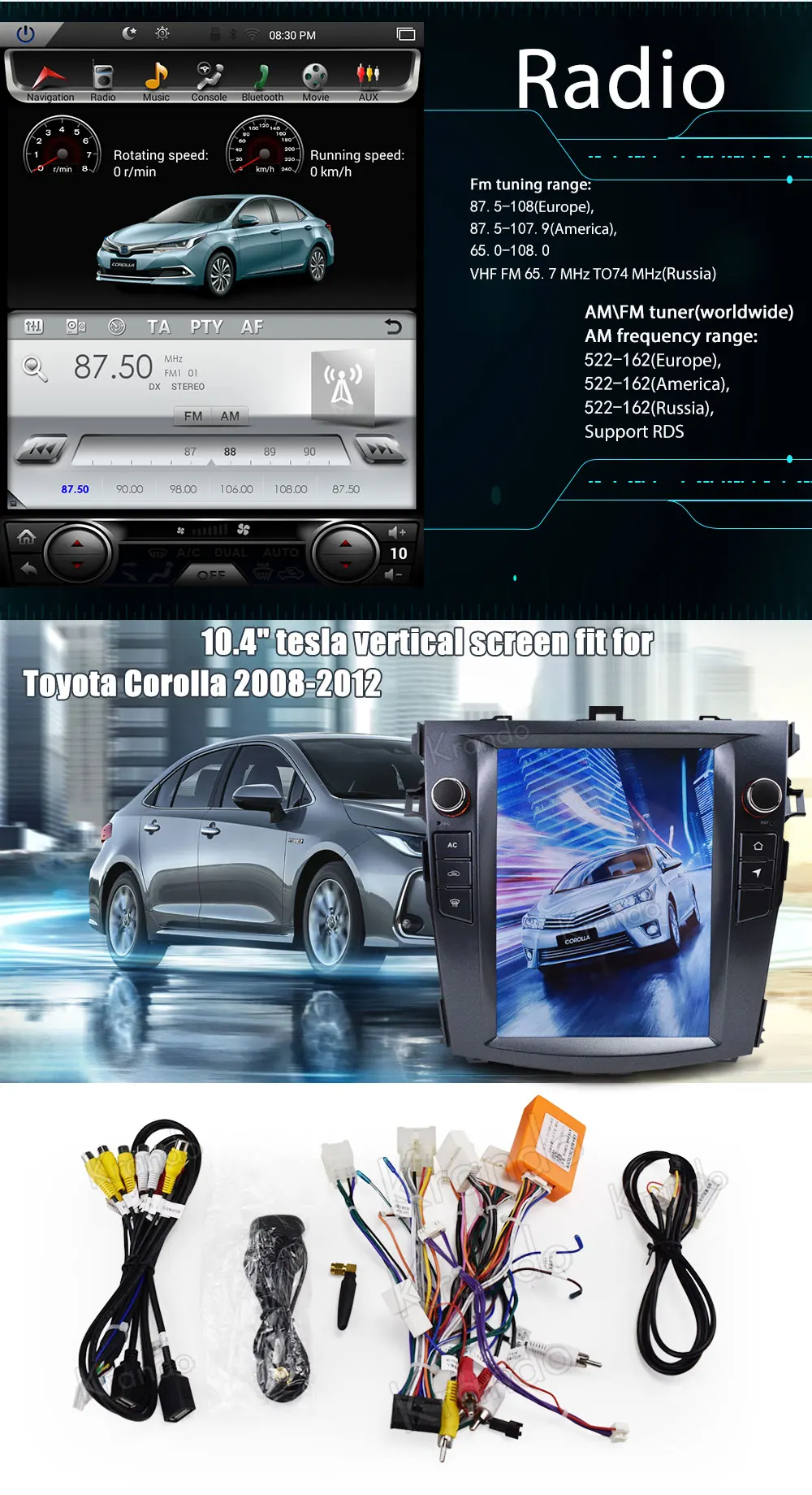 Krando Android 7,1 10," Tesla вертикальный экран Автомобильная Мультимедийная система для toyota Corolla 2008-2012 аудио радио плеер KD-TV025