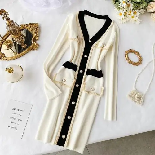 Белый new fashion women's Dress French temperament V-neck waist slim knit dresses - Цвет: Белый