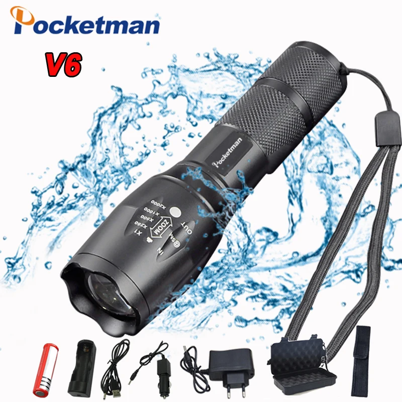 Ультра яркий светодиодный тактический фонарь T6/L2/V6 фонарик с зумом