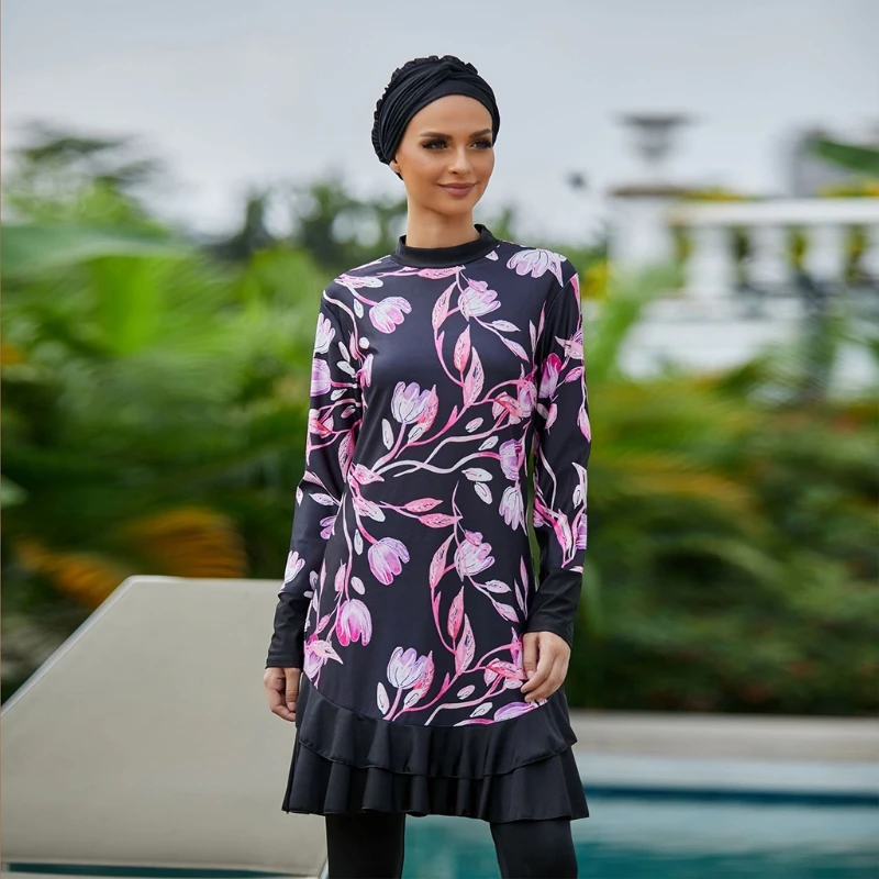 

Women Muslim Modest Swimsuit with Hijab Long Sleeve Floral Print Full Covered Islamic Swimwear Conservative Bathing Suit