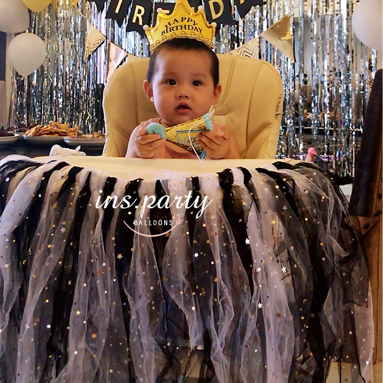 

Custom Tutu yarn table baby chair table skirt dessert table adult children's first birthday party decoration