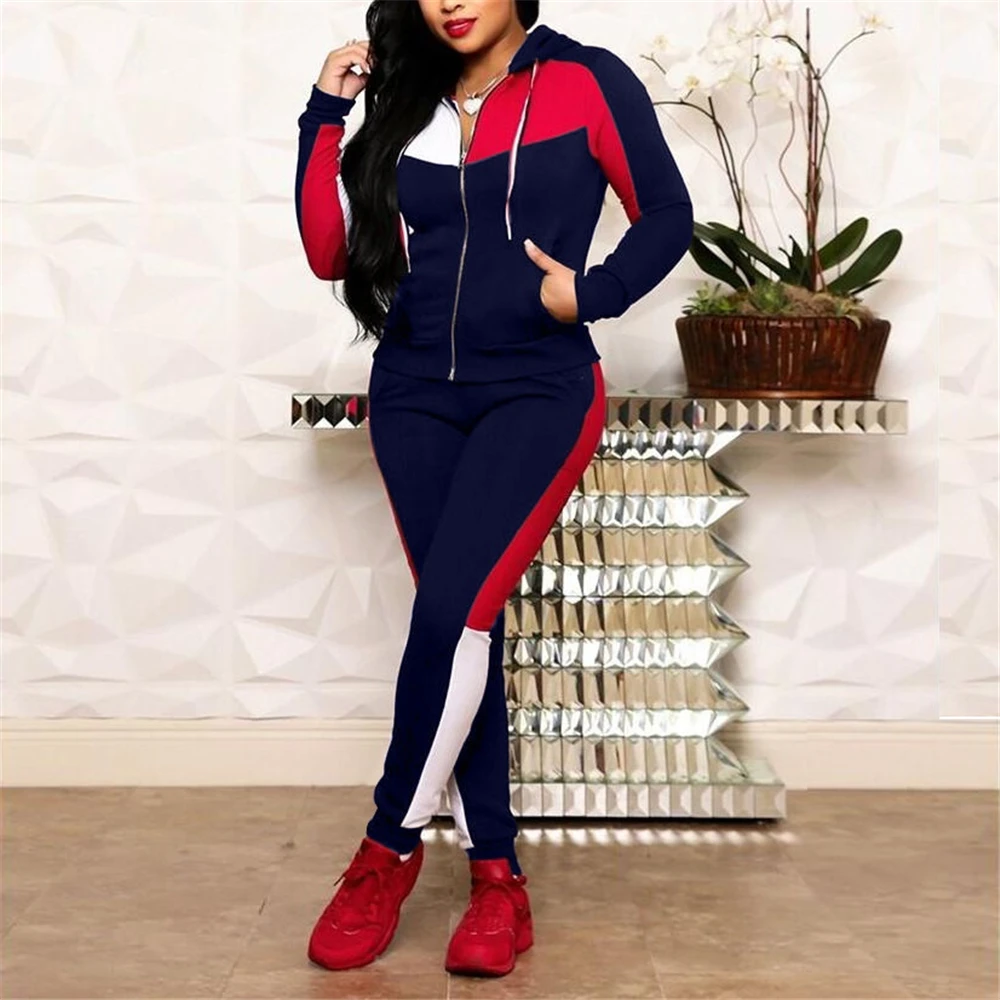 

Chicme Tracksuit Women Zipper Pocket Design Hooded Colorblock Top & Pants Set Two Pieces Outfits Set Casual Sportwear