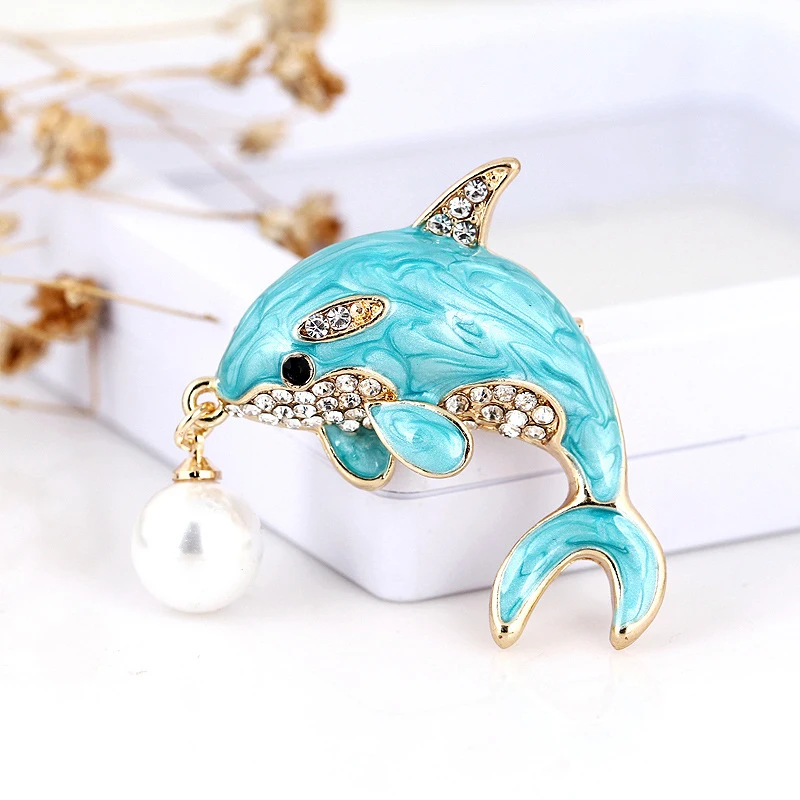Женская Брошь с имитацией жемчуга синяя брошь в форме дельфина кристаллами