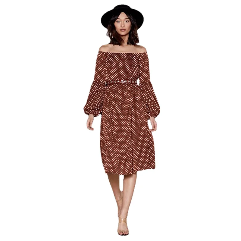 

Spring Autumn Women Fashion Long Sleeve Dress Slash Neck Loose Holiday Style Female Casual Relax Elegant Dot Printing Dress