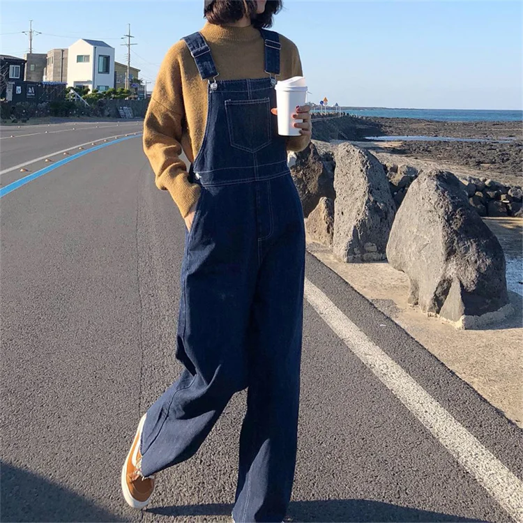 

Jumpsuits Women Loose Denim Strap Trouser Female Spring Womens Trendy School Wide Leg Jumpsuit Pockets All-match Solid Chic
