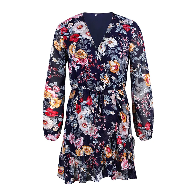 

2021 Summer Long Sleeve Printed Retro Women Dress V-neck Party Sexy Mini Dress High Waist Stitching Elegant Female Wrap Dresses