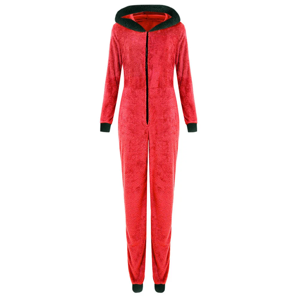 Autumn and Winter Women's Home Clothes Christmas Clown Hat Plush Zipper Jumpsuit Onesie Pajama for Women