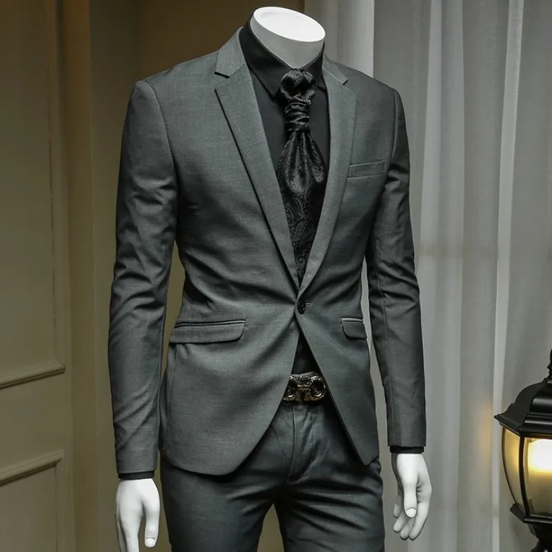 

Office Classic Business Gray Mens Suit Set Elegant Slim Fit Dress Blazer Straight Pencil Pants Male Wedding Formal Groom Suits