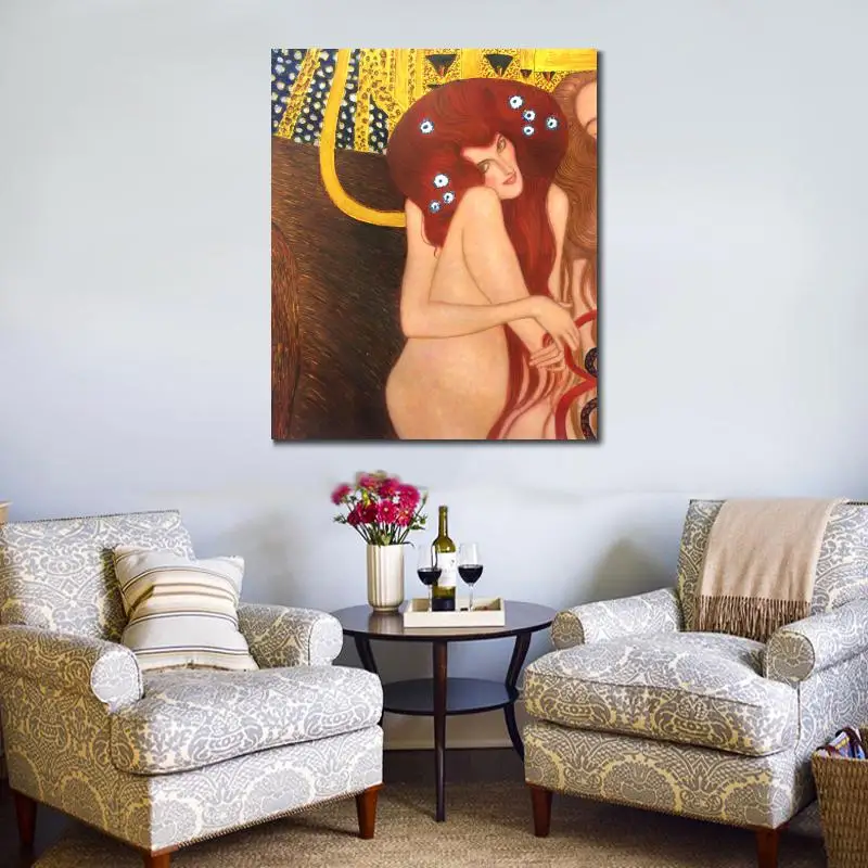 

Gold Painting Gustav Klimt Portrait Woman Art Nude Handmade Oil on Canvas Beethoven Frieze Modern Artwork Wall Decor Gift