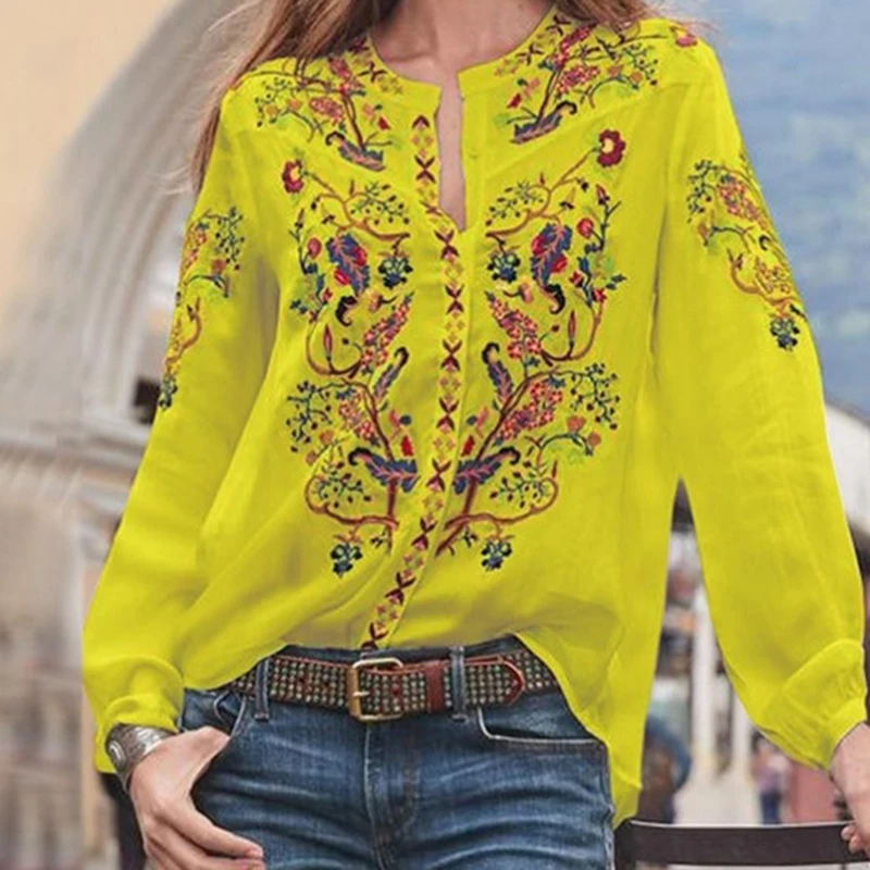 

Ethnic Shirts Blouses Long Sleeve Casual Tops O-Neck Printed Shirts for Women Loose Summer Blouses Chemise Femme ropa mujer