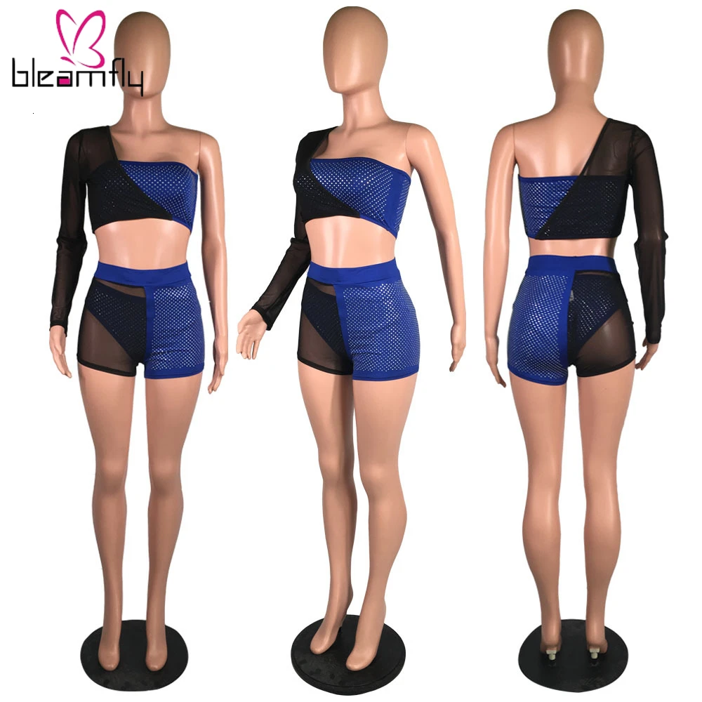 Женский летний костюм стразы без бретелек топ сетчатые шорты комплект из двух