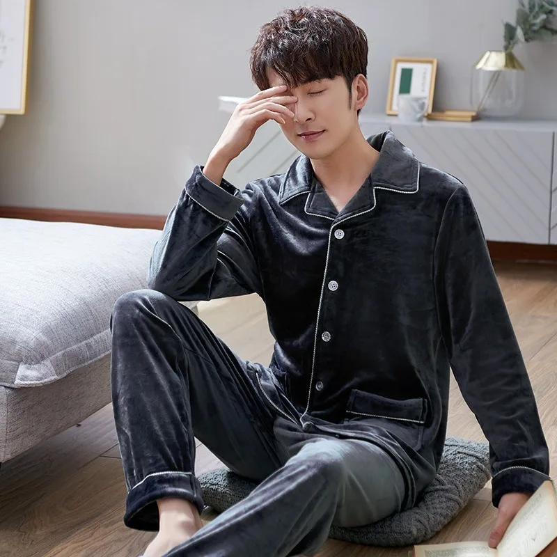 2020 Autumn/winter Pajamas Men's Flannel Korean Version of The Double-layer Thickened Island Fleece Cardigan Home Service Suit