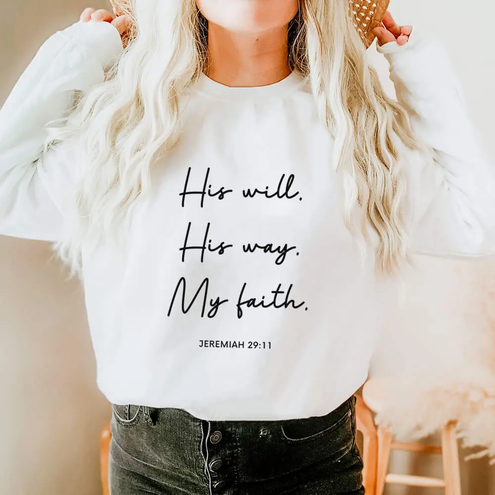 His Will His Way My Faith 100%Cotton Printed Women's Sweatshirts Christian Casual O-Neck Pullovers Long Sleeve Tops Gift For Her