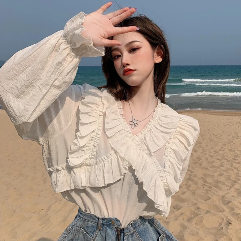 

Пуловеры, женская блузка, однотонные Блузы с длинным рукавом, женская шифоновая блузка с оборками, весна-осень 2021, рубашка с перекрестным V-о...