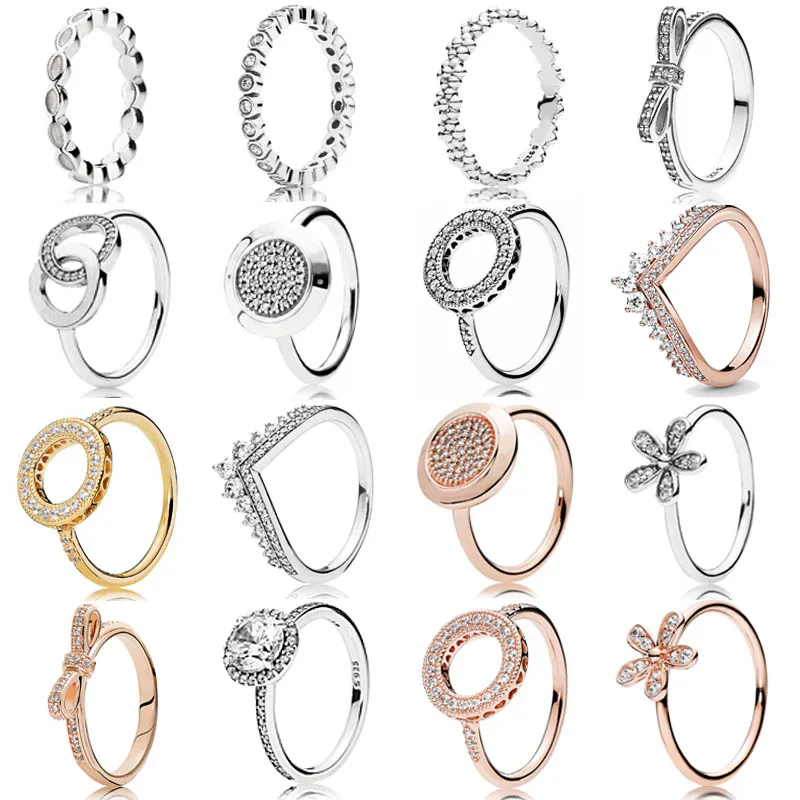 

925 Sterling Silver Ring Pave Logo Signature Circles Hearts of Halo Princess Wishbone Bow Ring For Women Gift Fashion Jewelry