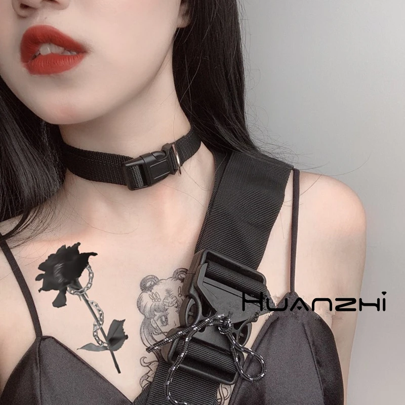 HZ – collier à boutons pour filles  en tissu  ajustable  gothique  Punk  noir  chaîne courte  ligne