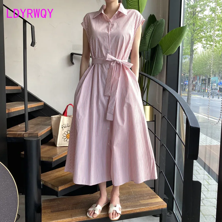 

LDYRWQY 2021 Korean summer new temperament sleeveless striped loose fashion slim dress Polyester Office Lady
