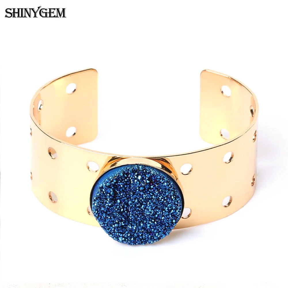 

ShinyGem 2020 Trendy Round Natural Crystal Druzy Stone Bracelets 24K Gold Plating Color Wrist Band Bangle For Women Wedding Gift