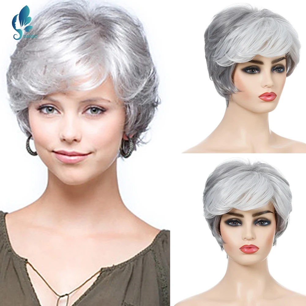 

DANBO Cruella Wig Middle-Aged And Elderly Women Short Curly Hair Mother Silver White Wig Chemical Fiber Hair Headdress