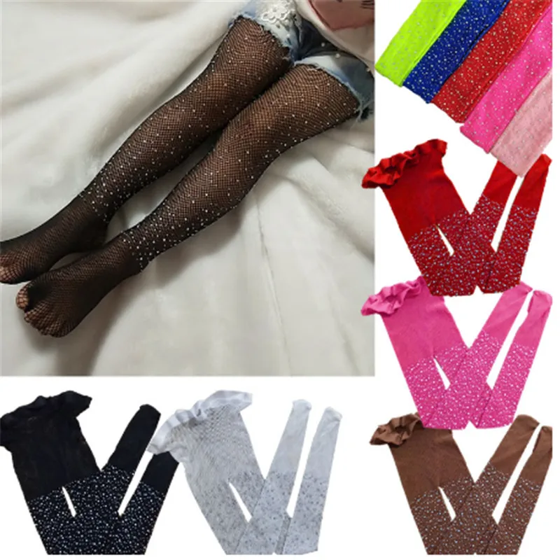 Fashion Girls Children Mesh Fishnet Pattern Pantyhose Tights Stockings Diamond Fishnet Stockings Hollow Mesh Beading Pantyhose