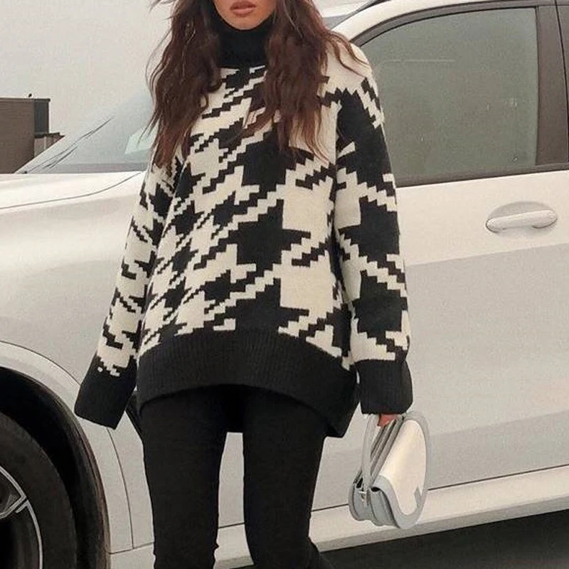 Женский вязаный свитер с высоким воротником пуловер из твида гусиная лапка