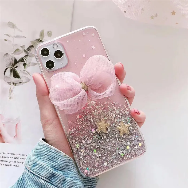 Cute Bow Glitter Star Pendant Bling Shiny Case For iPhone SE 2020 11 Pro Max X XR XS 6S 7 8 Plus 12 Women Fashion Silicone | Мобильные