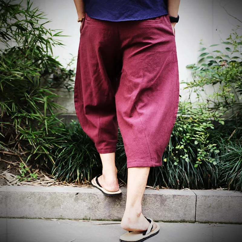 

2021 Chinese wind draw rope imitation cotton seven-point pants men's loose linen casual pants men's large size