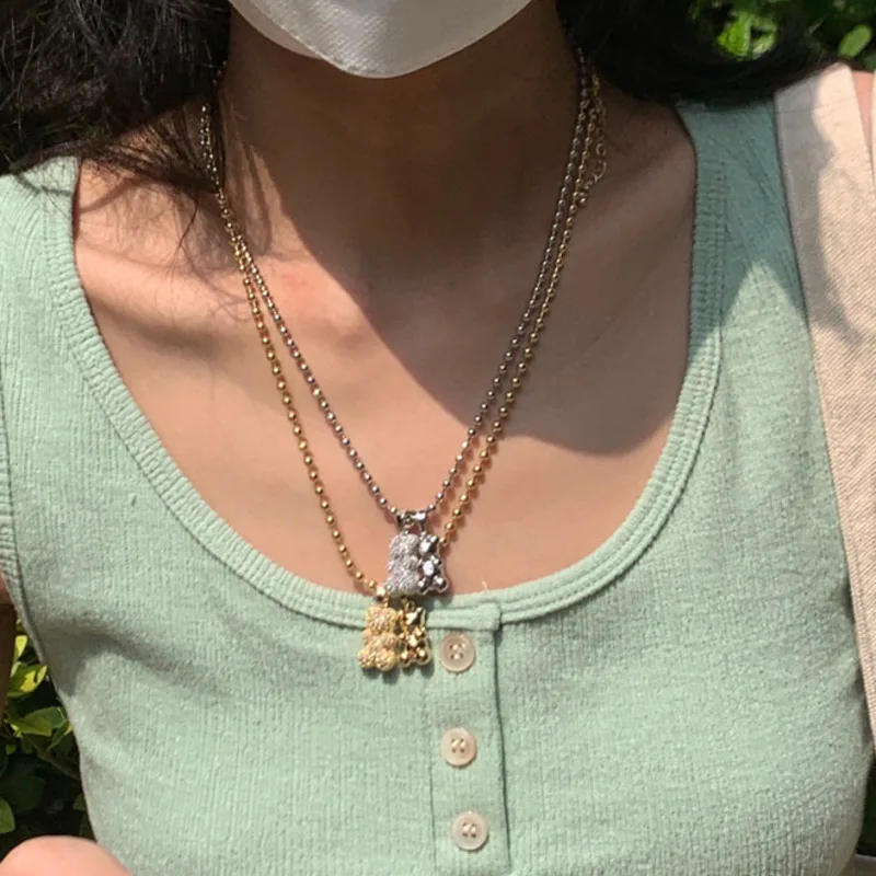 

2021 New Metal Crystal Zircon Bears Gold Silver Color Pendant Choker Ins Hot Necklace for Women Girls Party Jewelry Gifts