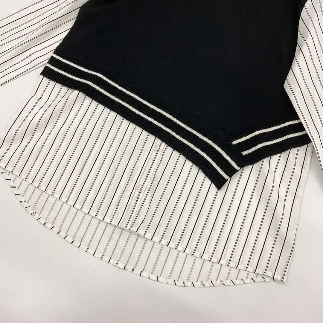 

Knitted Shirt Fake Two Piece Stitching Design Loose and Thin Knitted Top Autumn