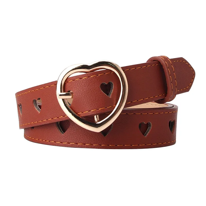 

Women Leather Belt New Sweet Heart Buckle with Adjustable Ladies Luxury Brand Cute Love Hollow Thin Belt Fashion Punk Waistband