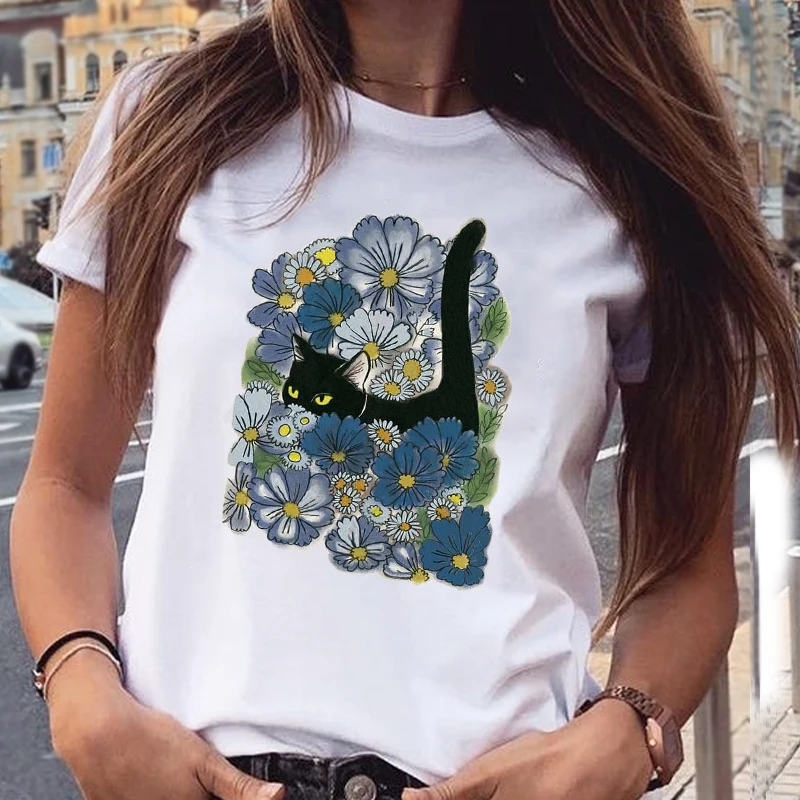

Women Graphic Floral Cat Paw Love Pet Animal Fashion Short Sleeve Cartoon Print Female Clothes Tops Tees Tshirt T-shirt