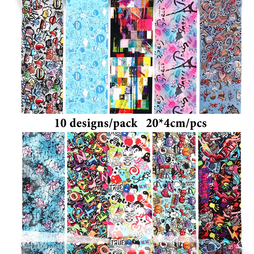 

NEW 10PCS Transfer Foil For Nails Cute Graffiti Nail Art Design Adhesive Sticker Wraps Letters Decals Manicure Accessories
