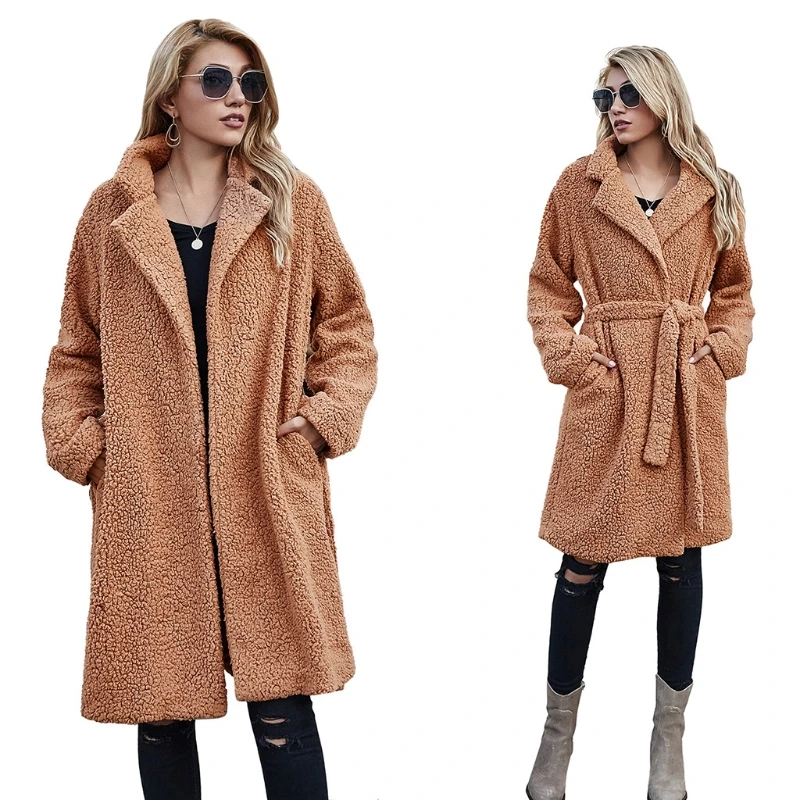 

Women Winter Fuzzy Plush Long Sleeve Coat Notched Lapel Collar Belted Loose Jacket Thicken Warm Parka Overcoat Outerwear