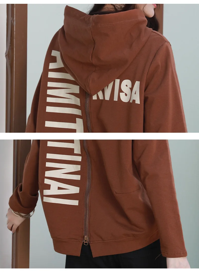 

QING MO Plus Size Letter Print Women Sweatshirt 2021 Spring Hooded Sweatshirt Coat Zipper Decoration Pullover Coat QYF231A