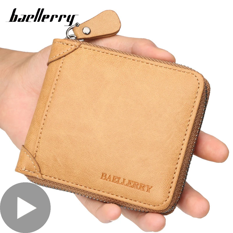 Мужской короткий кошелек на молнии маленький черный с отделениями для монет и