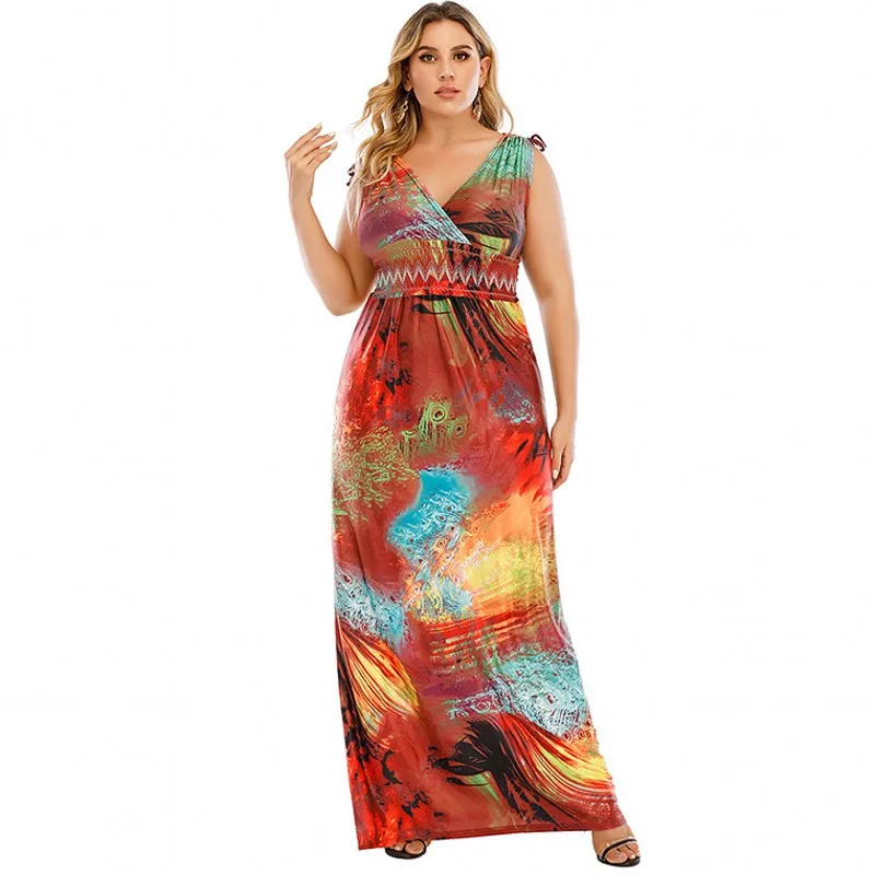 

Large Size African Dress Sexy Lady V-neck Graffiti High Stretch Ice Silk Casual Long Skirt 2021 Summer New Fashion Home Service