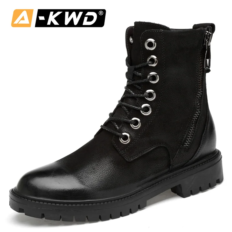 Модная обувь; коллекция года; Botas Invierno Hombre; высокие мотоциклетные ботинки цвета хаки; мужские зимние ботинки на меху черного цвета; мужские ботинки на молнии сбоку; 37-47 - Цвет: Black-Single