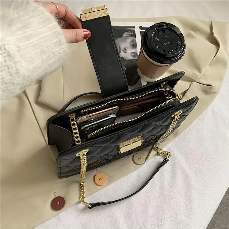 

Fashion Letter Decoration Rhombus Plaid Pattern PU Leather Shoulder Messenger Bag Luxury Designer Chain Handbags for Women Sac