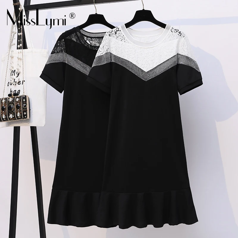 

L-5XL Plus Size Lace Patchwork Dresses For Women Summer 2021 Fashion Casual Loose O-neck Short Sleeve Knee-Length Ruffle Dress