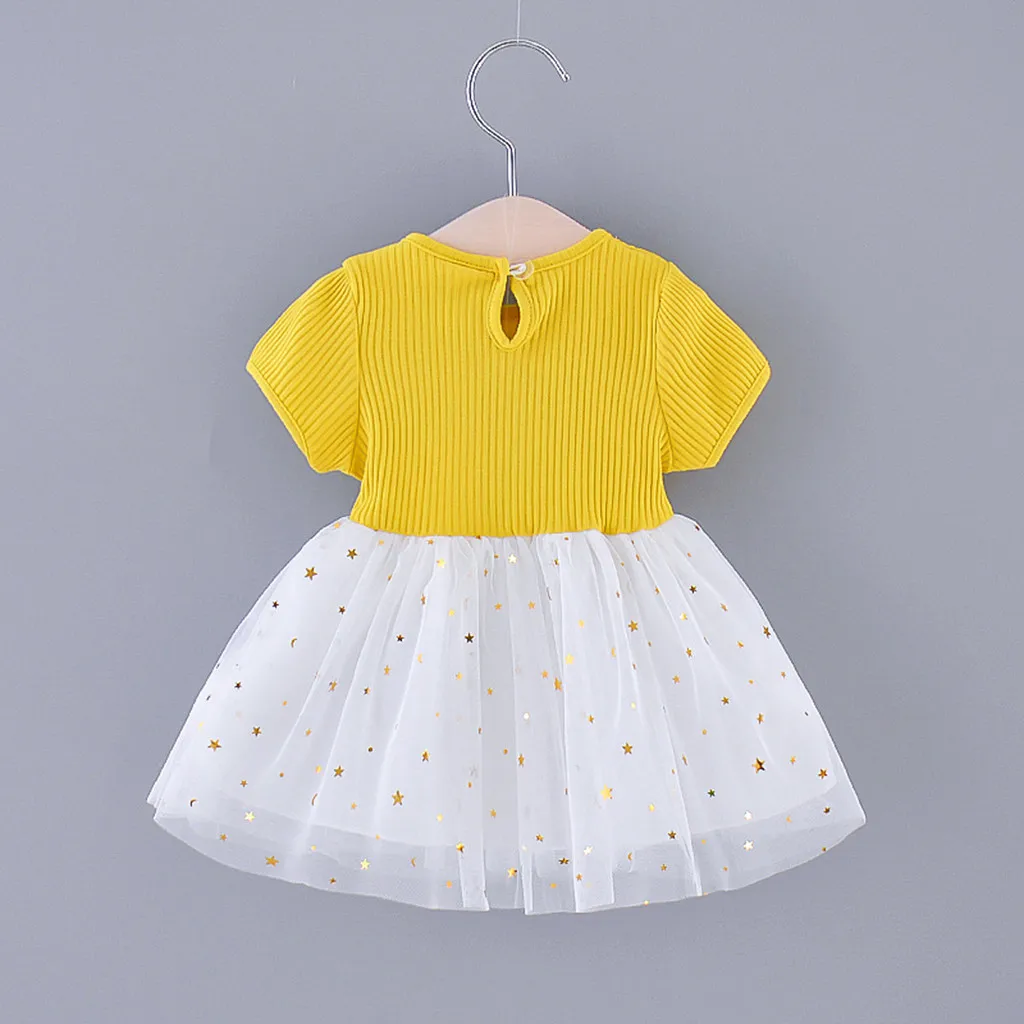 TELOTUNY dress Infant Baby Girls Short Sleeve Star Moon Tulle Princess Dress coton Solid Bowknot frock baby summer 2020apr | Детская